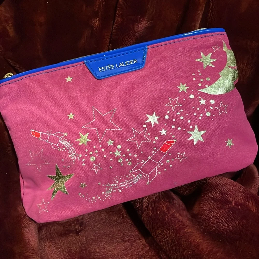 Estee Lauder 10” cosmetic makeup toiletry case zipper bag Metallic Moon & Stars